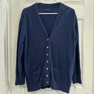 Lands' End Women Cardigan Size MP Blue V Neck Button Up Long Sleeve Pockets